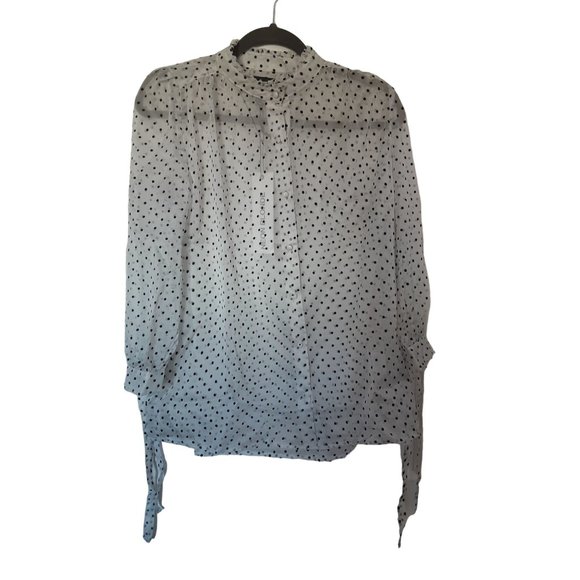 2/$35- Neon Blonde Sheer Polk A Dot 3/4th Tie Sleeves Button Blouse Women's XS - Picture 3 of 9